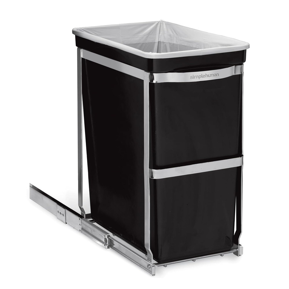 image:imagesimplehuman 35 Liter 93 Gallon Dual Compartment Under Counter Kitchen Cabinet PullOut Recycling Bin and Trash Can Chrome30L