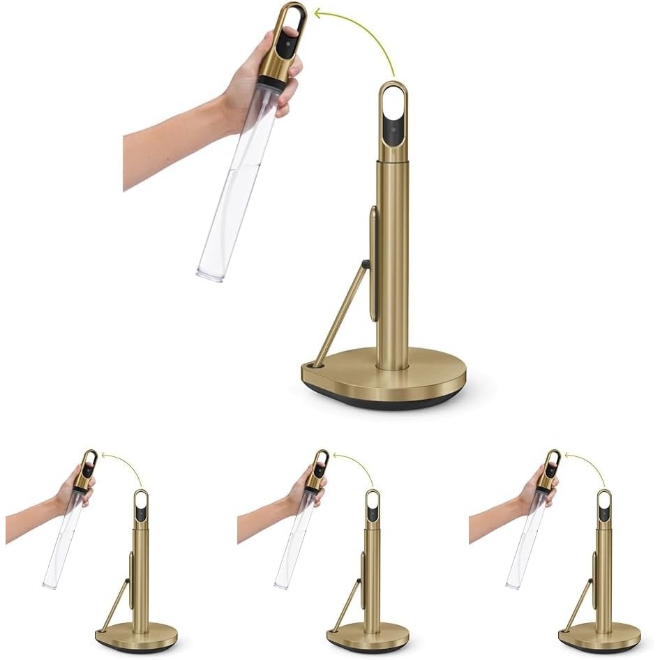image:imagesimplehuman Paper Towel Holder with Spray AllinOne Countertop Paper Towel and Cleaner Dispenser 6 oz Refillable Pump OneHanded Tear Weighted Base BrassBrass Stainless Steel