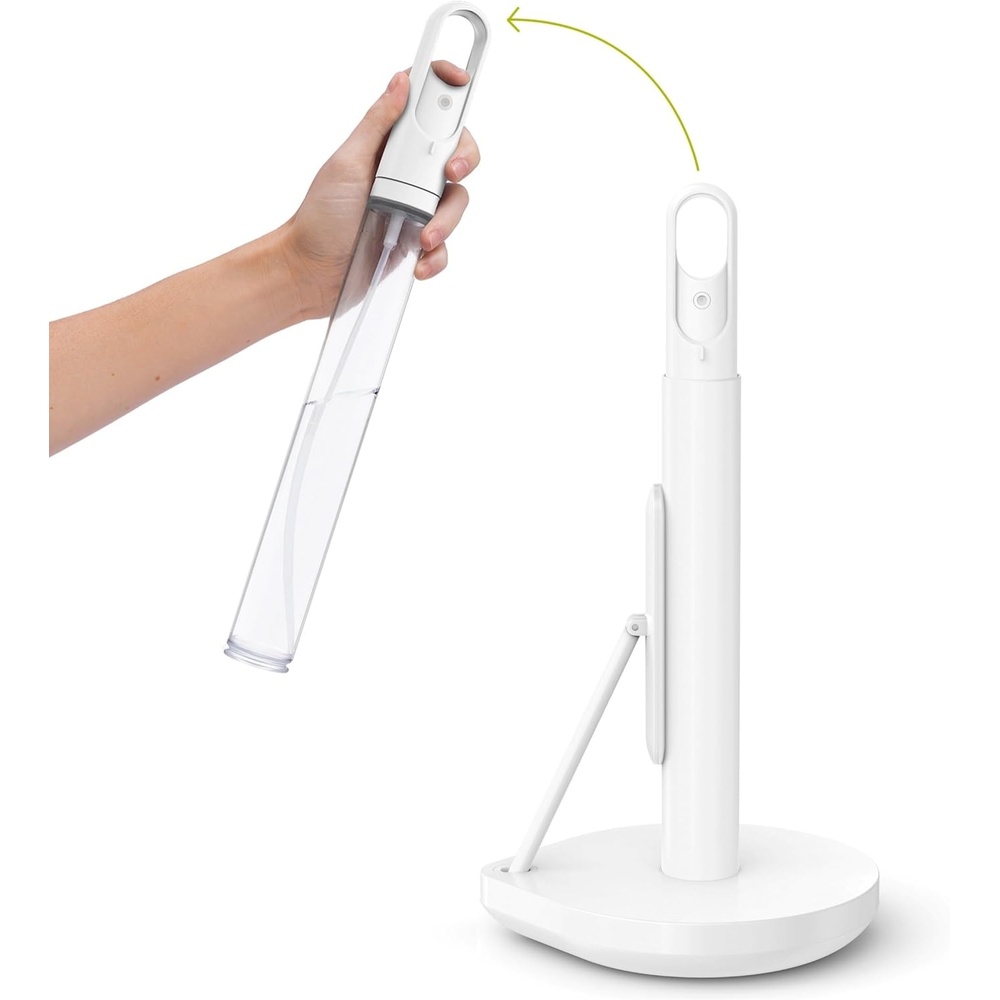 image:imagesimplehuman Paper Towel Holder with Spray AllinOne Countertop Paper Towel and Cleaner Dispenser 6 oz Refillable Pump OneHanded Tear Weighted Base BrassWhite Stainless Steel