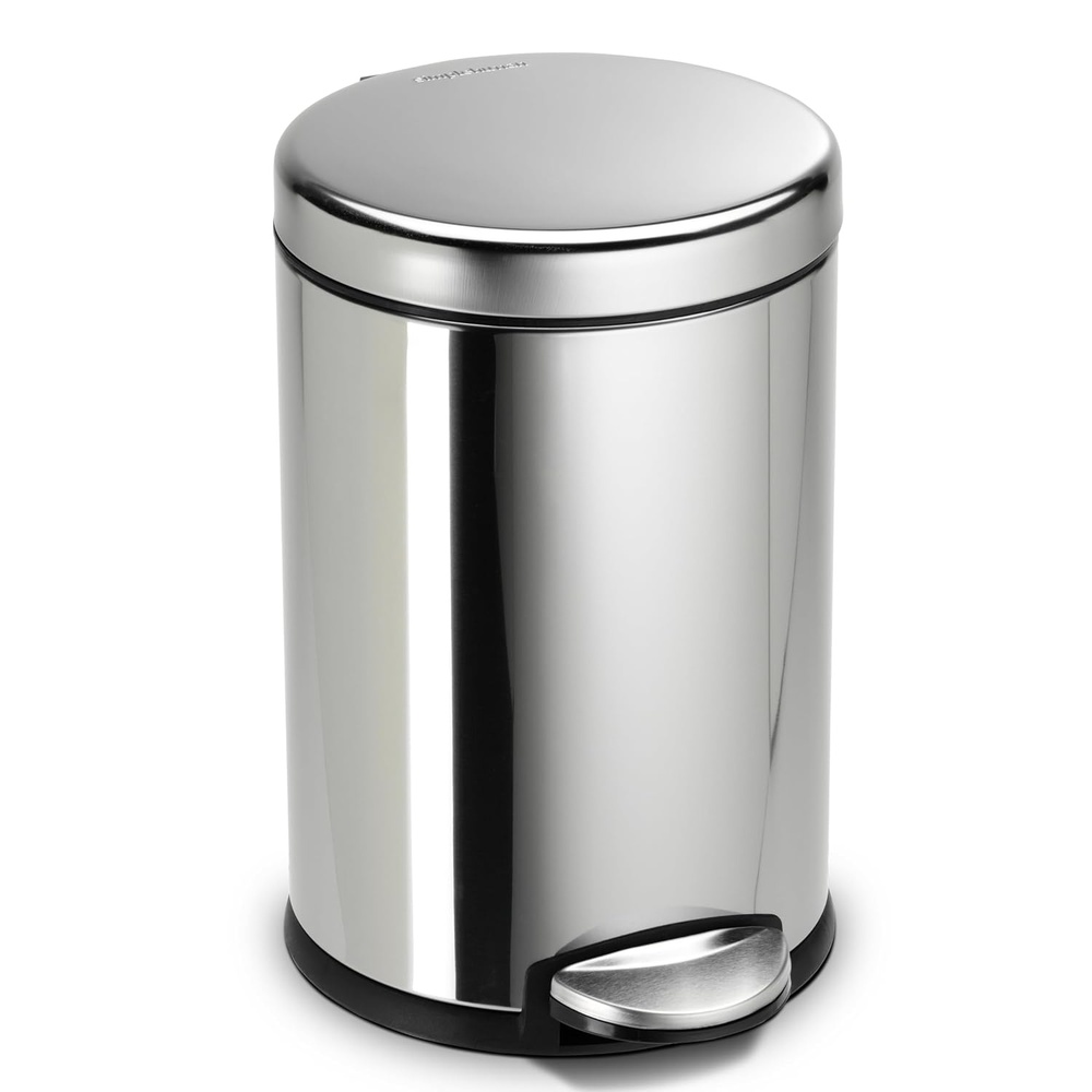 image:imagesimplehuman Round Step Can 45L 12 Gallon Compact Bathroom Trash Can 150000Step Pedal Lid Shox Silent Close Removable Inner Bucket Brushed Stainless SteelPolished