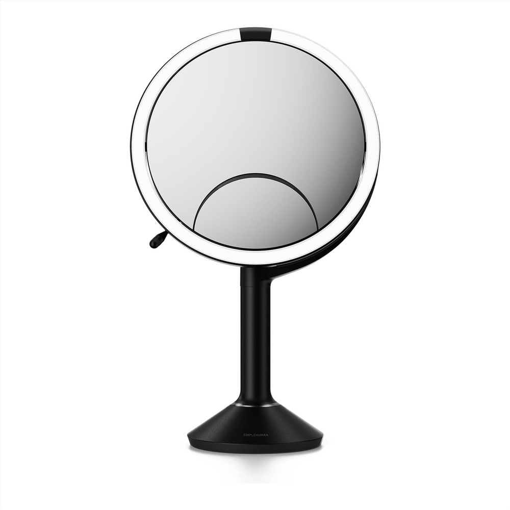 image:imagesimplehuman Sensor Mirror Trio 1X 5X 10X Magnification Round Rechargeable Beauty Makeup Mirror TruLux FullSpectrum Light Dual Light Settings Adjustable Brightness Brushed Stainless SteelMatte Black