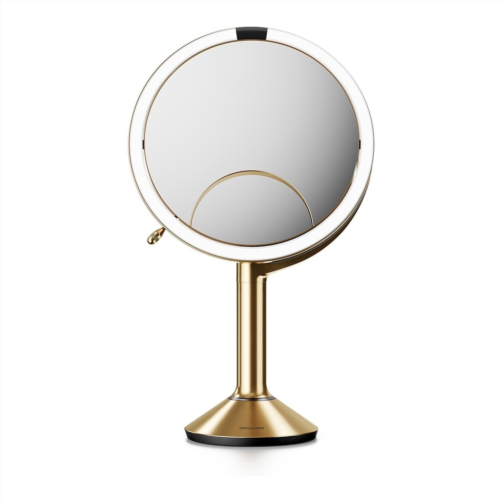 image:imagesimplehuman Sensor Mirror Trio 1X 5X 10X Magnification Round Rechargeable Beauty Makeup Mirror TruLux FullSpectrum Light Dual Light Settings Adjustable Brightness Brushed Stainless SteelBrass
