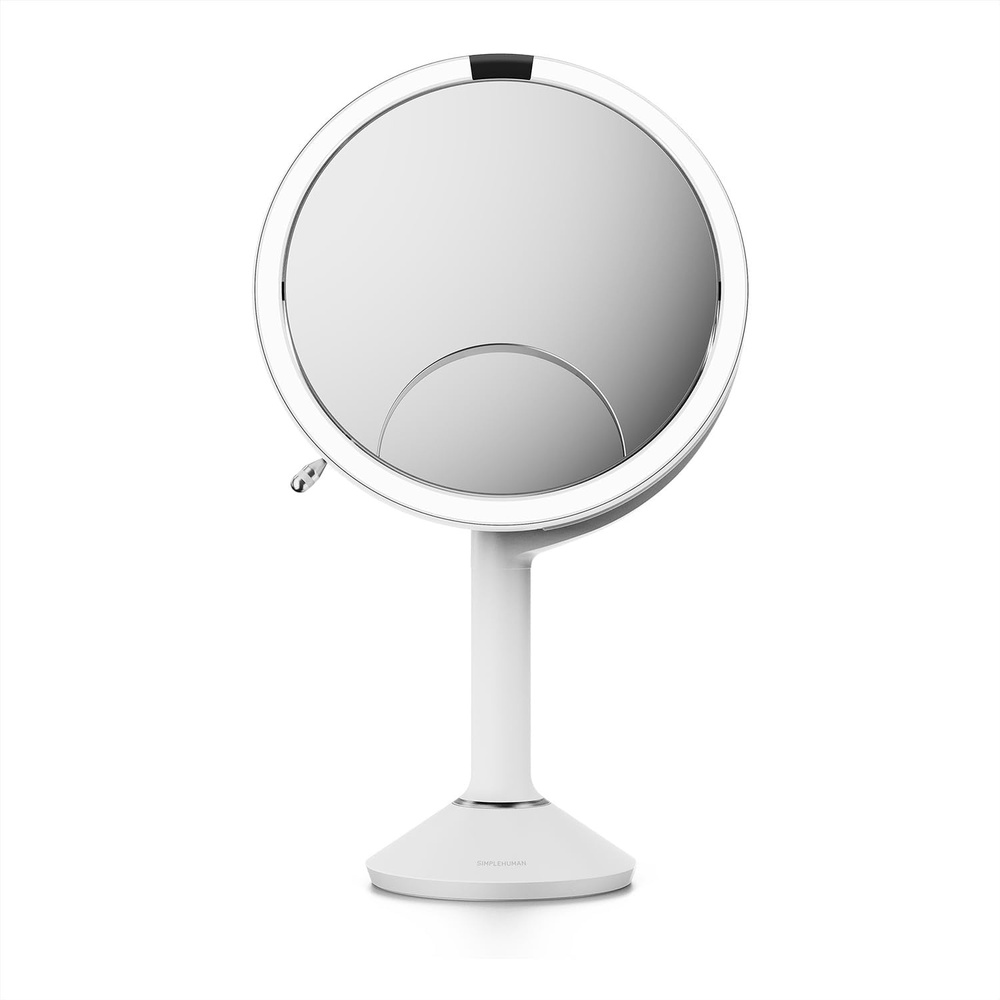 image:imagesimplehuman Sensor Mirror Trio 1X 5X 10X Magnification Round Rechargeable Beauty Makeup Mirror TruLux FullSpectrum Light Dual Light Settings Adjustable Brightness Brushed Stainless SteelWhite