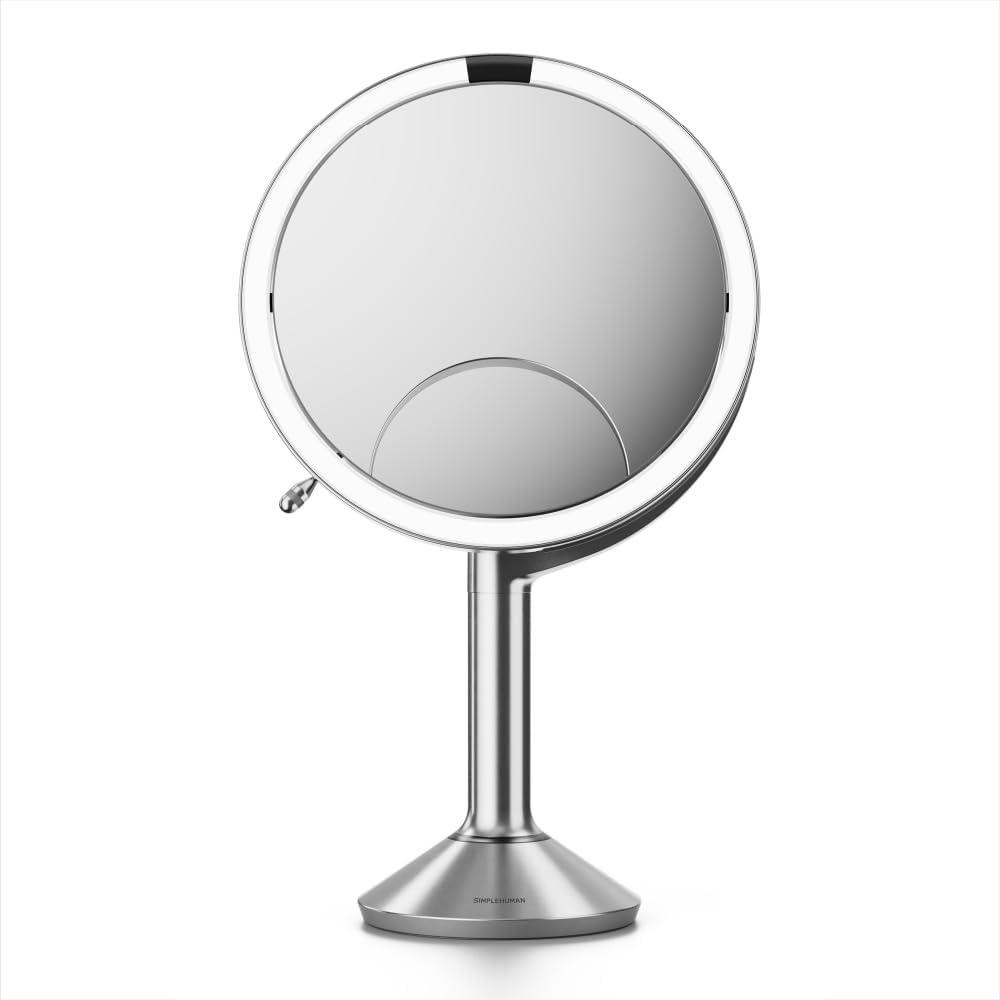 image:imagesimplehuman Sensor Mirror Trio 1X 5X 10X Magnification Round Rechargeable Beauty Makeup Mirror TruLux FullSpectrum Light Dual Light Settings Adjustable Brightness Brushed Stainless SteelBrushed