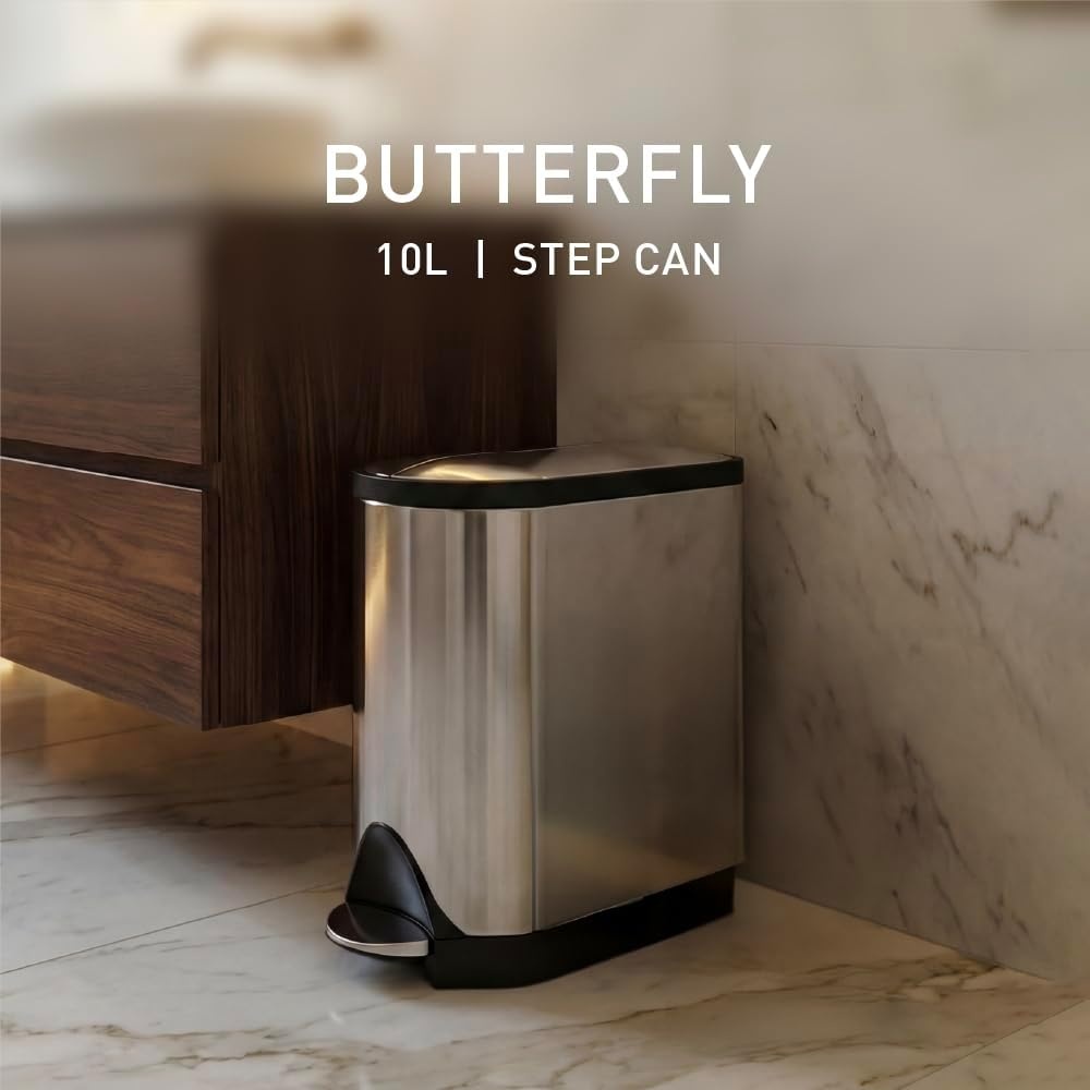 image:imagesimplehuman 10 Liter 26 Gallon Butterfly Lid Bathroom Step Trash Can Brushed Stainless Steel with Black Trim10 liter Brushed