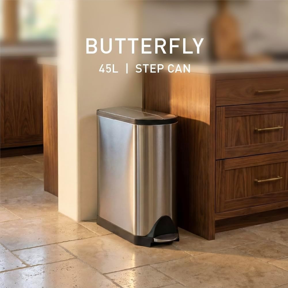 image:imagesimplehuman 10 Liter 26 Gallon Butterfly Lid Bathroom Step Trash Can Brushed Stainless Steel with Black Trim45 liter Brushed