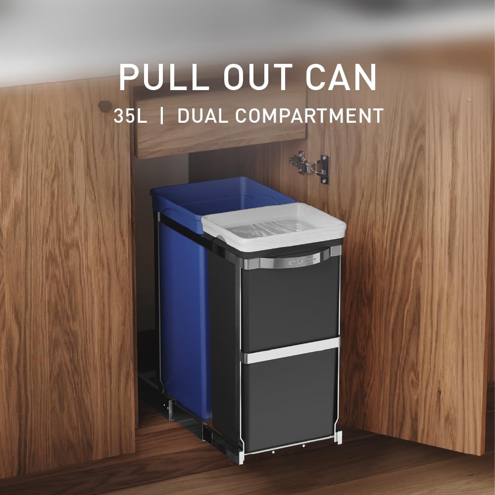 image:imagesimplehuman 35 Liter 93 Gallon Dual Compartment Under Counter Kitchen Cabinet PullOut Recycling Bin and Trash Can Chrome35L Dual