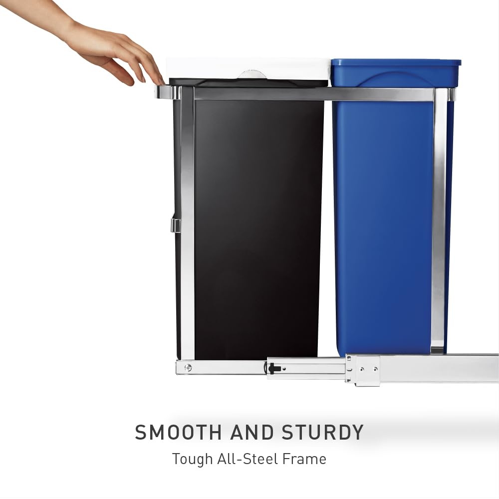 image:imagesimplehuman 35 Liter 93 Gallon Dual Compartment Under Counter Kitchen Cabinet PullOut Recycling Bin and Trash Can Chrome35L Dual