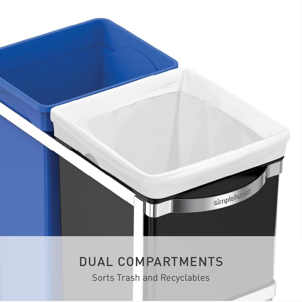image:imagesimplehuman 35 Liter 93 Gallon Dual Compartment Under Counter Kitchen Cabinet PullOut Recycling Bin and Trash Can Chrome35L Dual