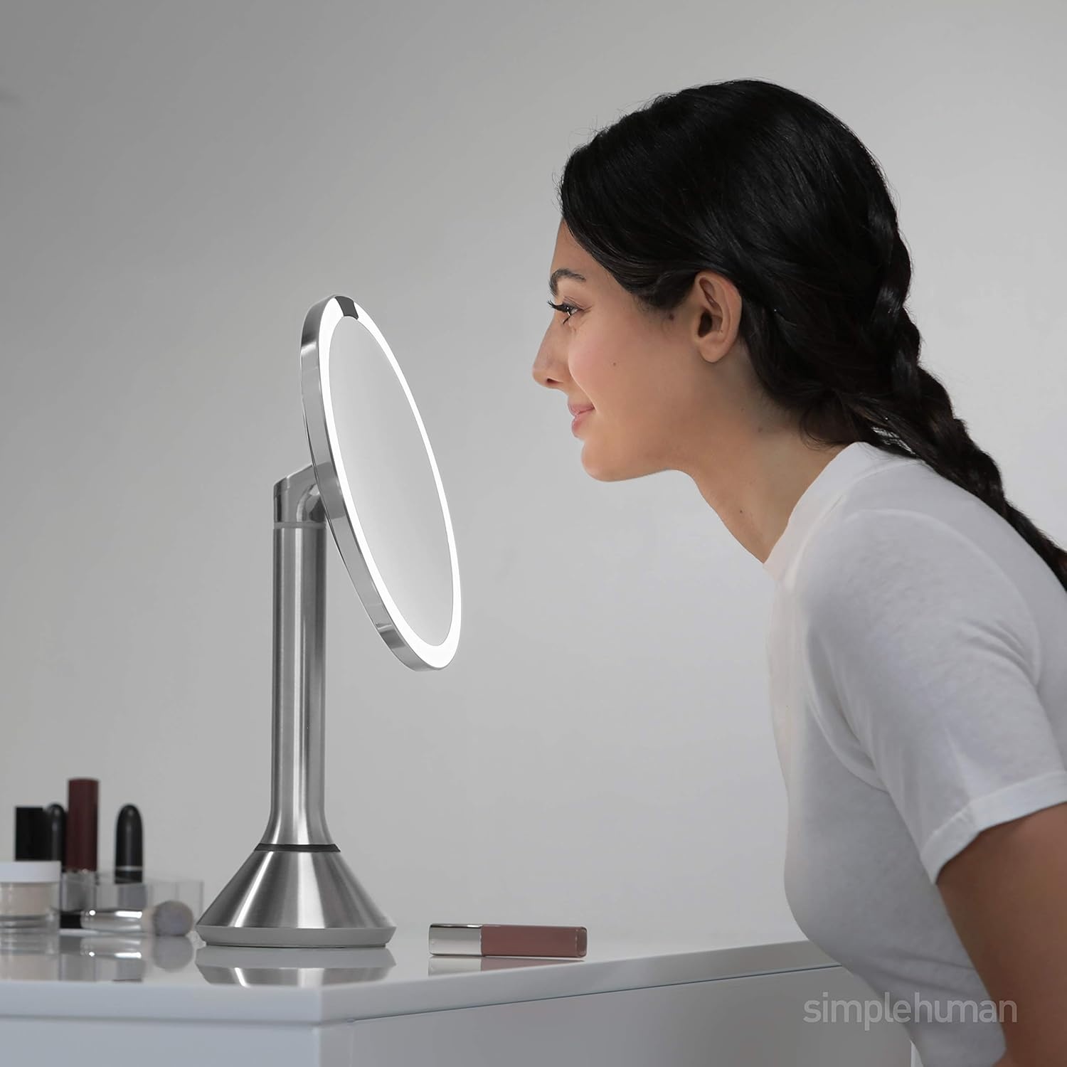 image:imagesimplehuman 8 Round Sensor Makeup Mirror with TouchControl Brightness 5X Magnification Rechargeable and Cordless White Stainless Steel