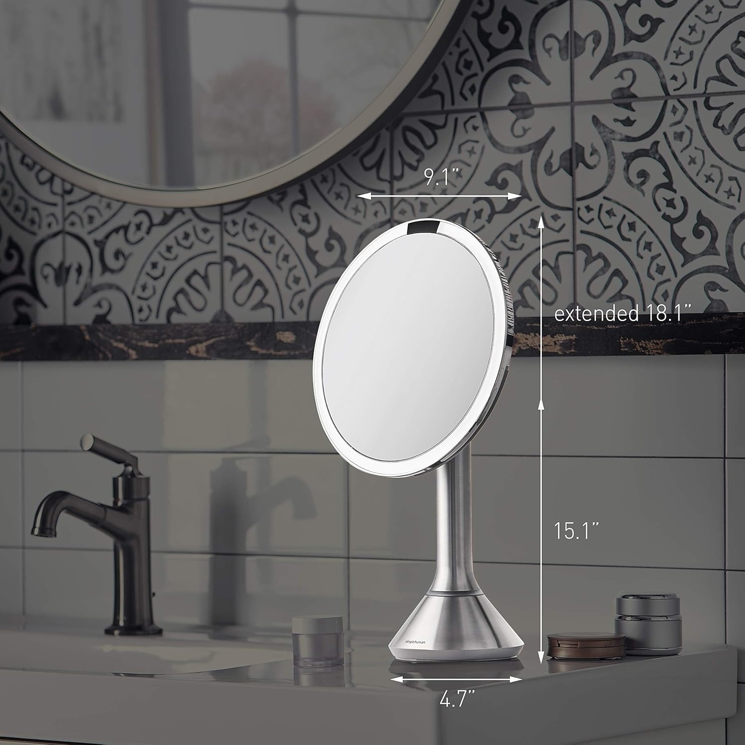 image:imagesimplehuman 8 Round Sensor Makeup Mirror with TouchControl Brightness 5X Magnification Rechargeable and Cordless White Stainless Steel