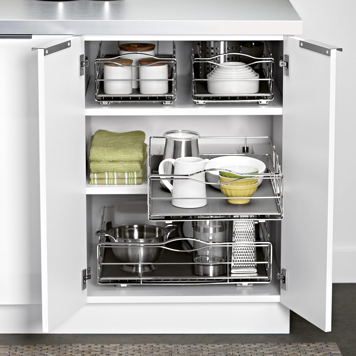 image:imagesimplehuman 9Inch PullOut Cabinet Organizer Under Cabinet Sliding Drawer for Kitchen Bathroom HeavyGauge Steel Frame Removable Drip Guard BallBearing Tracks Grey Plastic14Inch