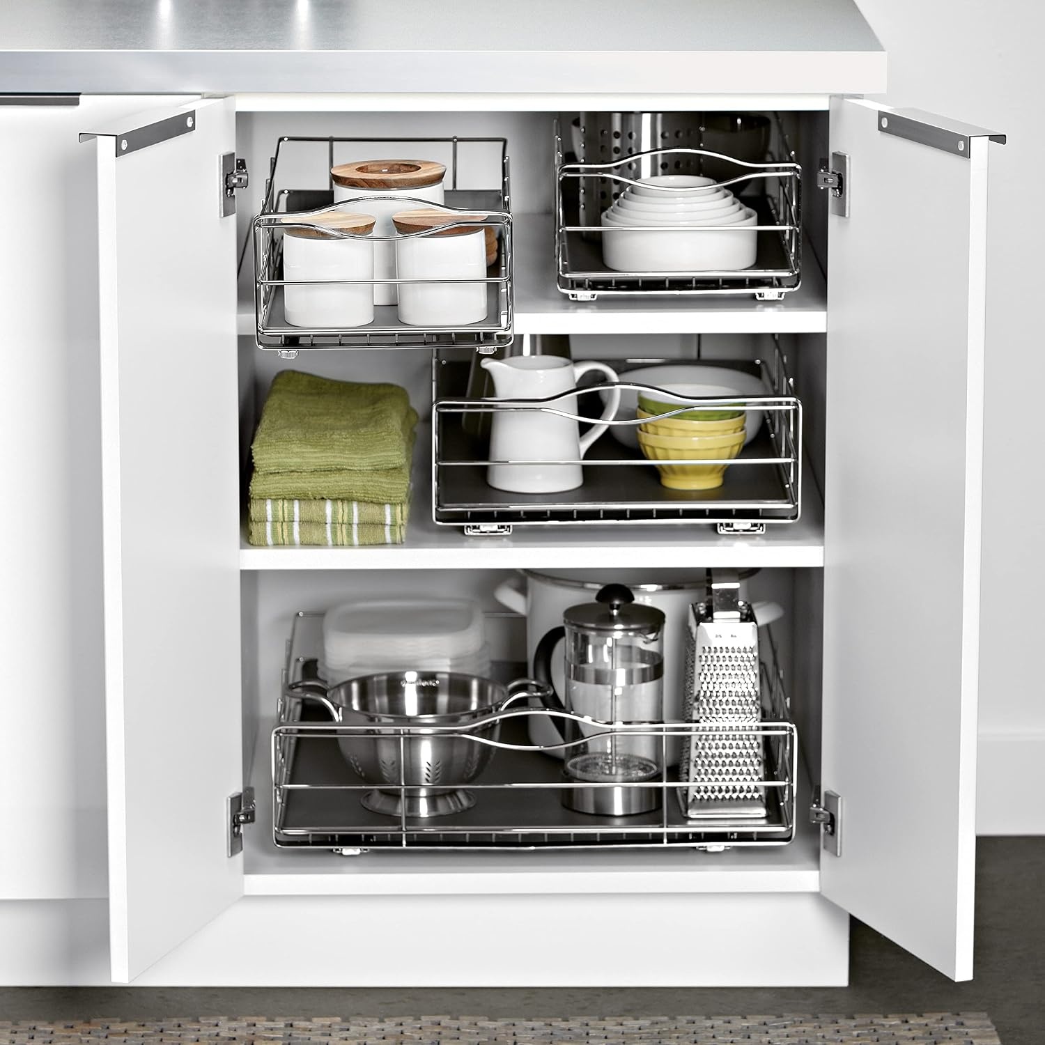 image:imagesimplehuman 9Inch PullOut Cabinet Organizer Under Cabinet Sliding Drawer for Kitchen Bathroom HeavyGauge Steel Frame Removable Drip Guard BallBearing Tracks Grey Plastic9Inch