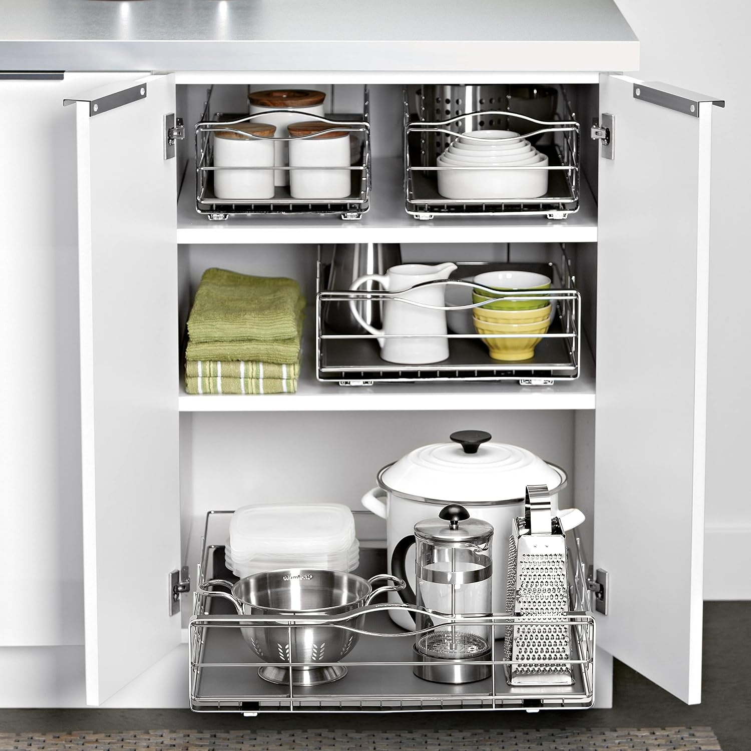 image:imagesimplehuman 9Inch PullOut Cabinet Organizer Under Cabinet Sliding Drawer for Kitchen Bathroom HeavyGauge Steel Frame Removable Drip Guard BallBearing Tracks Grey Plastic20Inch