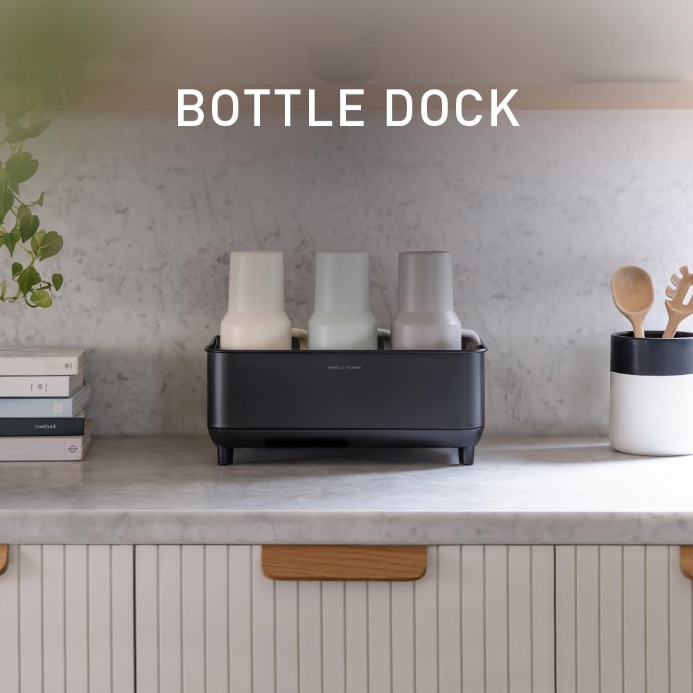 image:imagesimplehuman Bottle Dock Fast Drying Bottle Rack with Steel Frame amp Diatomaceous Earth Base ThreeCompartment Organizer for Tumblers Caps amp Straws Builtin Straw Holder Matte BlackMatte Black