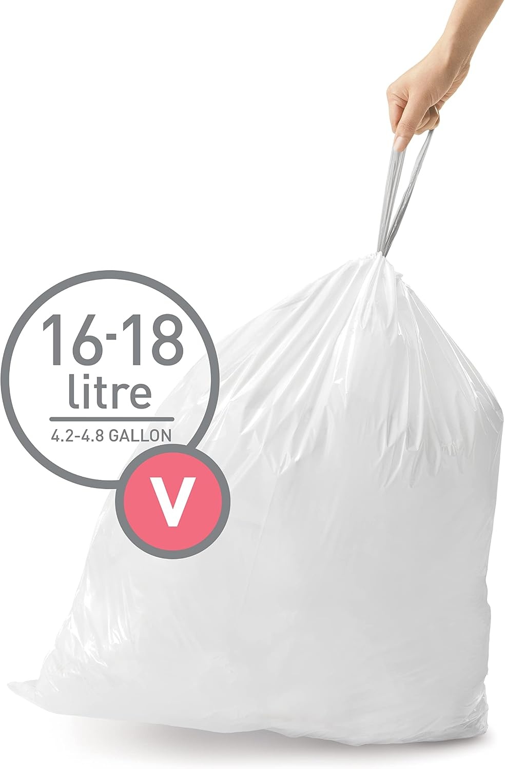 image:imagesimplehuman Code V 100 Count Custom Fit Liners Drawstring Kitchen Trash Bags OnebyOne MessFree Dispense Extra Thick amp Double Seamed 50 PCR Plastic 1618 Liter 4248 Gallon White20 Count Pack of 3