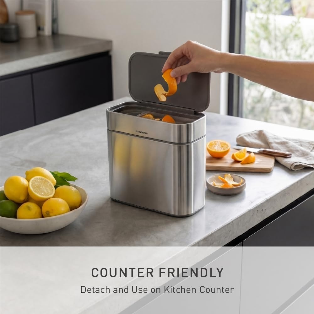 image:imagesimplehuman Compost Caddy 4L 11 Gallon Countertop Kitchen Compost Bin with Magnetic Dock for Trash Can SoftSeal Lid Removable Inner Bucket Matte Black SteelBrushed