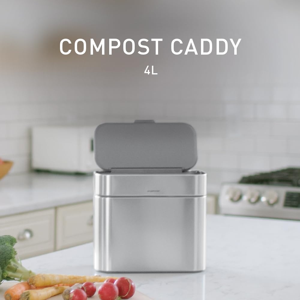 image:imagesimplehuman Compost Caddy 4L 11 Gallon Countertop Kitchen Compost Bin with Magnetic Dock for Trash Can SoftSeal Lid Removable Inner Bucket Matte Black SteelBrushed