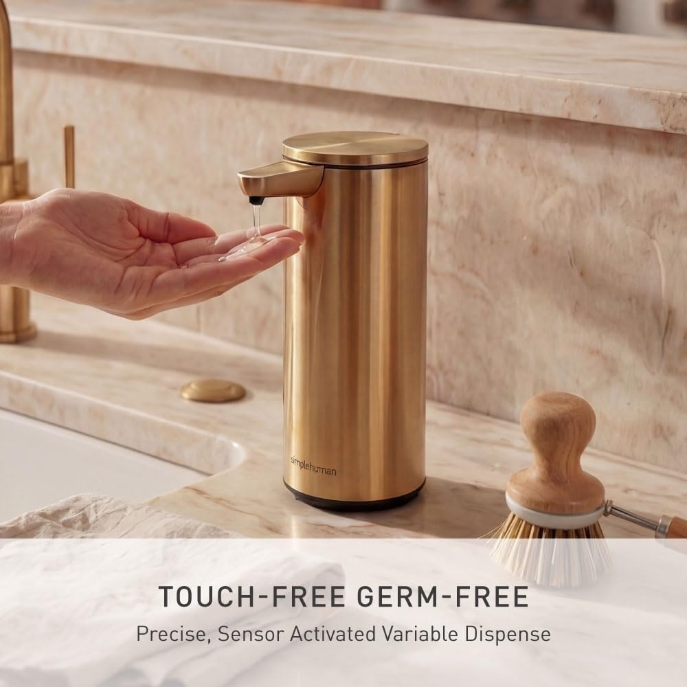 image:imagesimplehuman Liquid Sensor Pump 9 oz Automatic Soap Dispenser for Kitchen and Bathroom Touchless Motion Sensor Variable Dispense Rechargeable NoDrip Spout HighGrade Matte Black SteelBrass