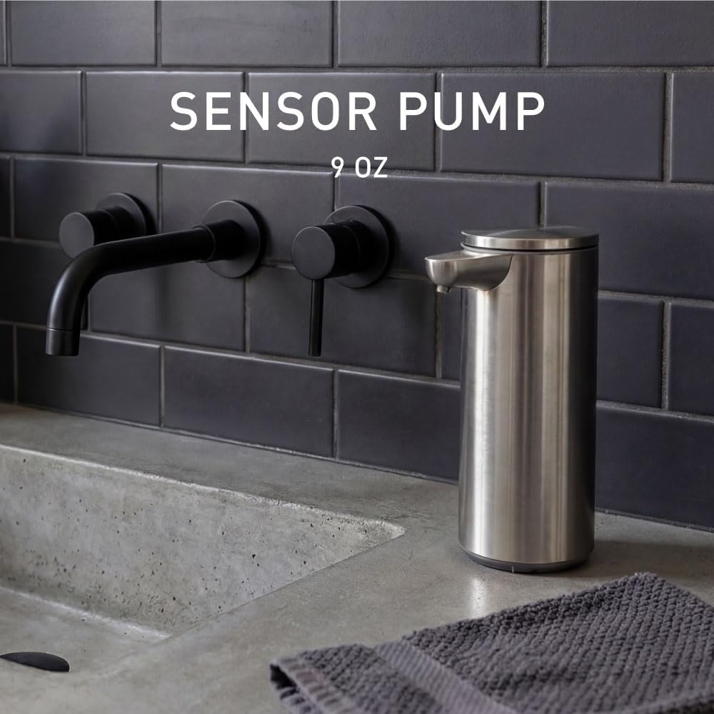 image:imagesimplehuman Liquid Sensor Pump 9 oz Automatic Soap Dispenser for Kitchen and Bathroom Touchless Motion Sensor Variable Dispense Rechargeable NoDrip Spout HighGrade Matte Black SteelBrushed