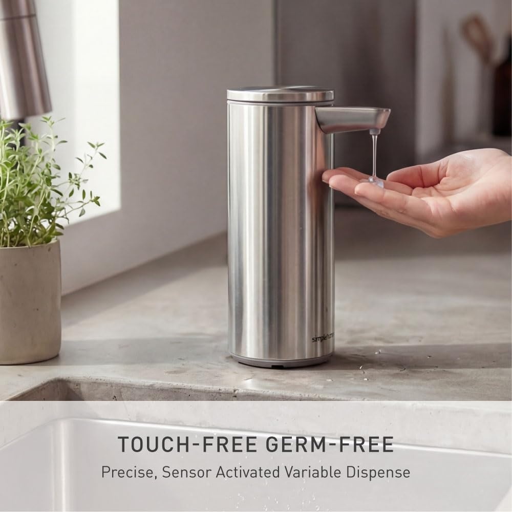 image:imagesimplehuman Liquid Sensor Pump 9 oz Automatic Soap Dispenser for Kitchen and Bathroom Touchless Motion Sensor Variable Dispense Rechargeable NoDrip Spout HighGrade Matte Black SteelBrushed
