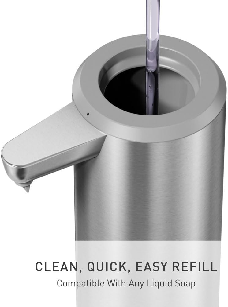 image:imagesimplehuman Liquid Sensor Pump 9 oz Automatic Soap Dispenser for Kitchen and Bathroom Touchless Motion Sensor Variable Dispense Rechargeable NoDrip Spout HighGrade Matte Black SteelBrushed