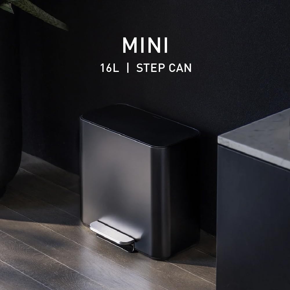 image:imagesimplehuman Mini Step Recycler 15L 4 Gallon Dual Compartment Trash Can for Hotels Offices Studios Small Spaces 150000Step Steel Pedal Lid Shox Silent Close Matte Black SteelMatte Black