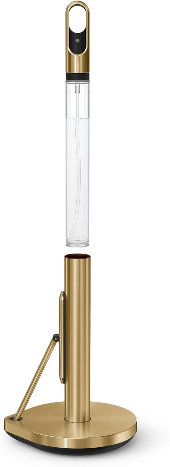 image:imagesimplehuman Paper Towel Holder with Spray AllinOne Countertop Paper Towel and Cleaner Dispenser 6 oz Refillable Pump OneHanded Tear Weighted Base BrassBrass Stainless Steel
