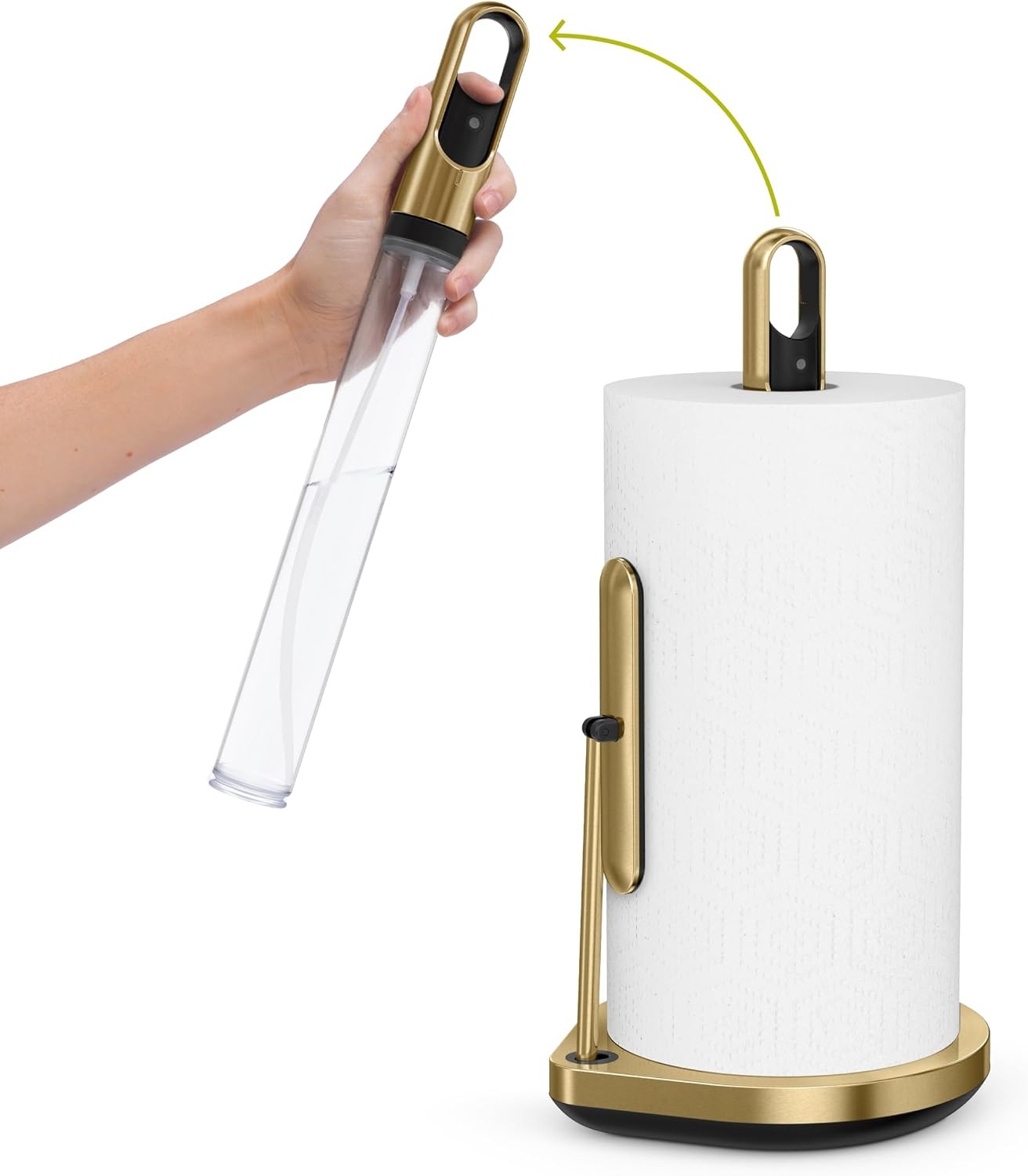 image:imagesimplehuman Paper Towel Holder with Spray AllinOne Countertop Paper Towel and Cleaner Dispenser 6 oz Refillable Pump OneHanded Tear Weighted Base BrassBrass Stainless Steel