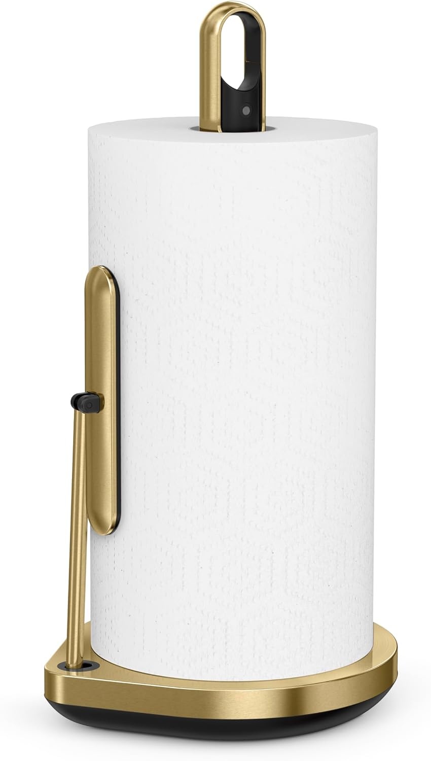 image:imagesimplehuman Paper Towel Holder with Spray AllinOne Countertop Paper Towel and Cleaner Dispenser 6 oz Refillable Pump OneHanded Tear Weighted Base BrassBrass Stainless Steel