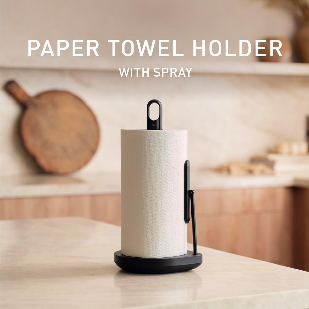 image:imagesimplehuman Paper Towel Holder with Spray AllinOne Countertop Paper Towel and Cleaner Dispenser 6 oz Refillable Pump OneHanded Tear Weighted Base BrassBlack Stainless Steel