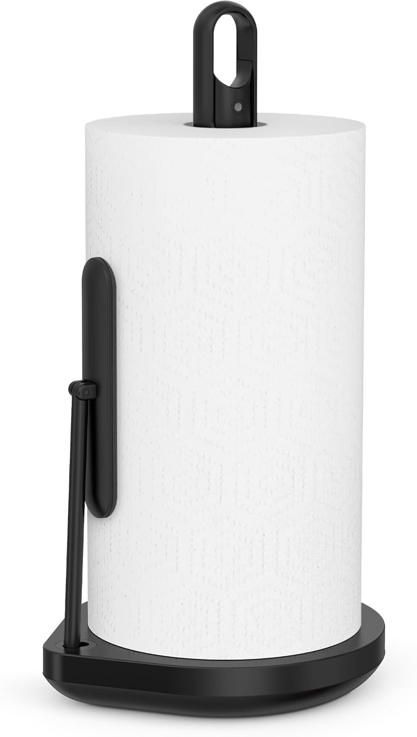 image:imagesimplehuman Paper Towel Holder with Spray AllinOne Countertop Paper Towel and Cleaner Dispenser 6 oz Refillable Pump OneHanded Tear Weighted Base BrassBlack Stainless Steel