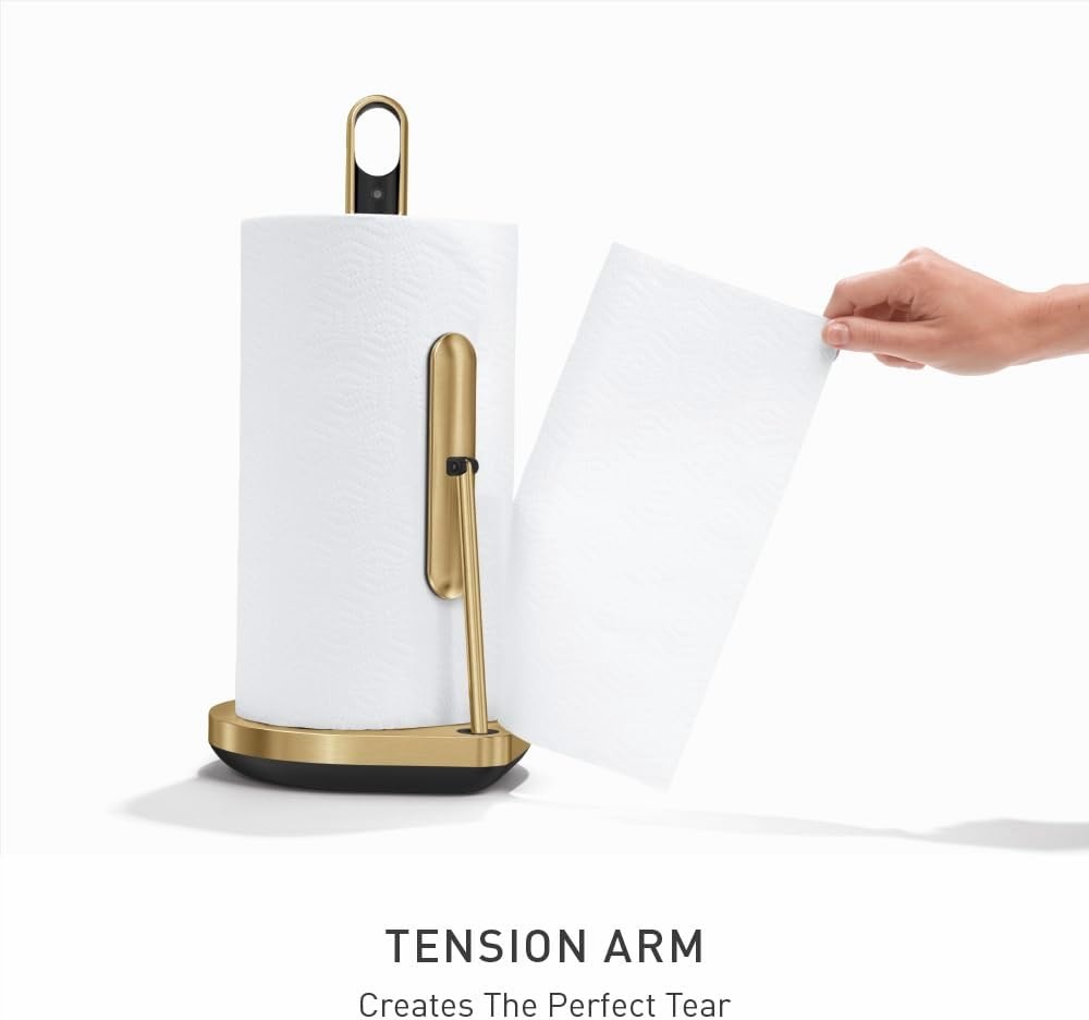 image:imagesimplehuman Paper Towel Holder with Spray AllinOne Countertop Paper Towel and Cleaner Dispenser 6 oz Refillable Pump OneHanded Tear Weighted Base BrassBrass Stainless Steel