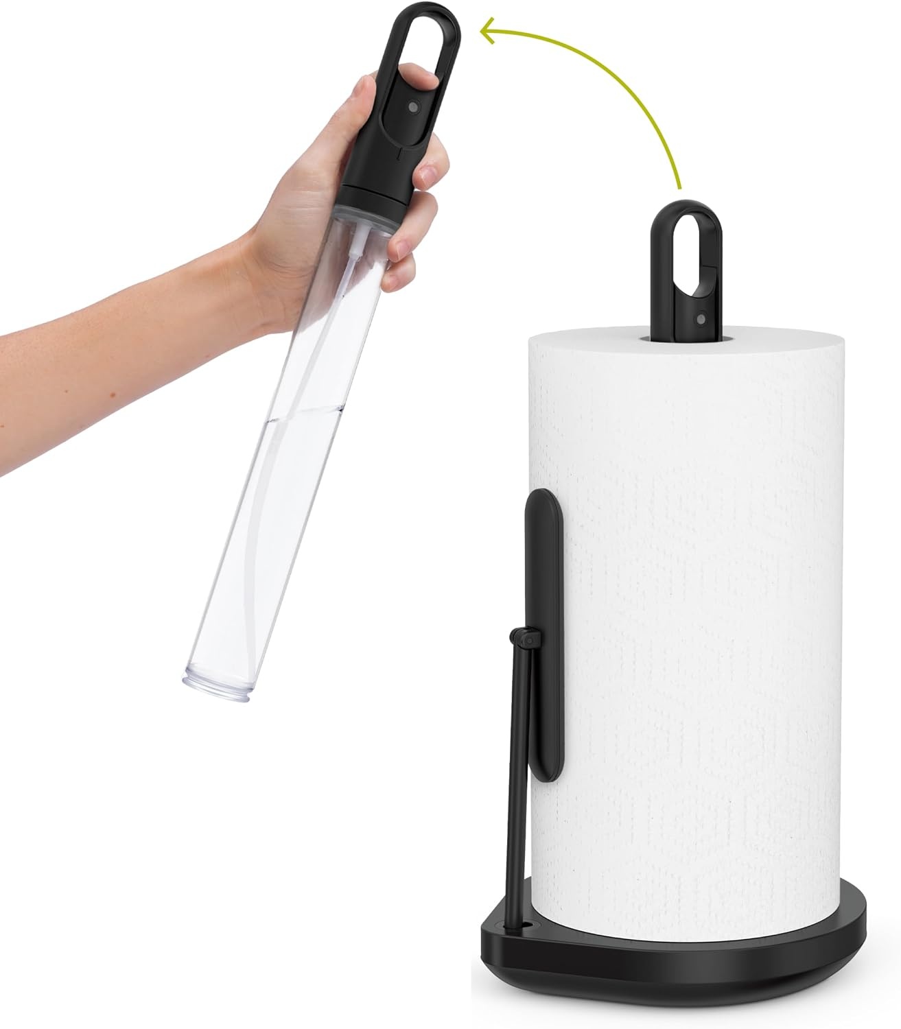 image:imagesimplehuman Paper Towel Holder with Spray AllinOne Countertop Paper Towel and Cleaner Dispenser 6 oz Refillable Pump OneHanded Tear Weighted Base BrassBlack Stainless Steel