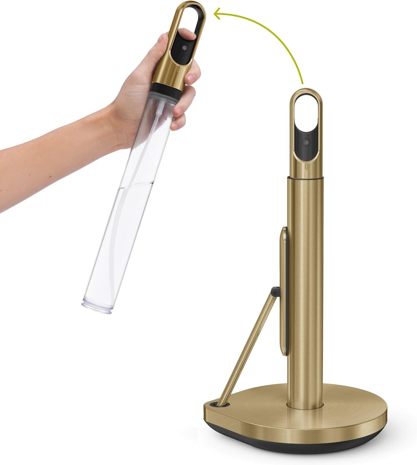 image:imagesimplehuman Paper Towel Holder with Spray AllinOne Countertop Paper Towel and Cleaner Dispenser 6 oz Refillable Pump OneHanded Tear Weighted Base BrassBrass Stainless Steel
