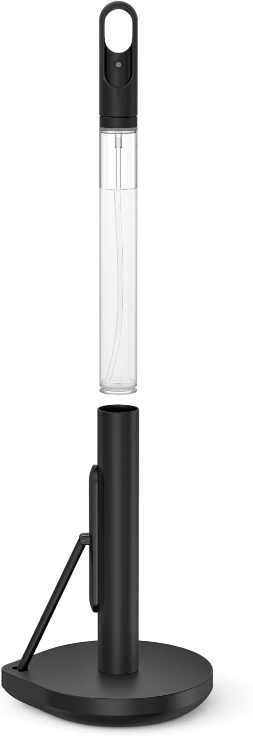 image:imagesimplehuman Paper Towel Holder with Spray AllinOne Countertop Paper Towel and Cleaner Dispenser 6 oz Refillable Pump OneHanded Tear Weighted Base BrassBlack Stainless Steel