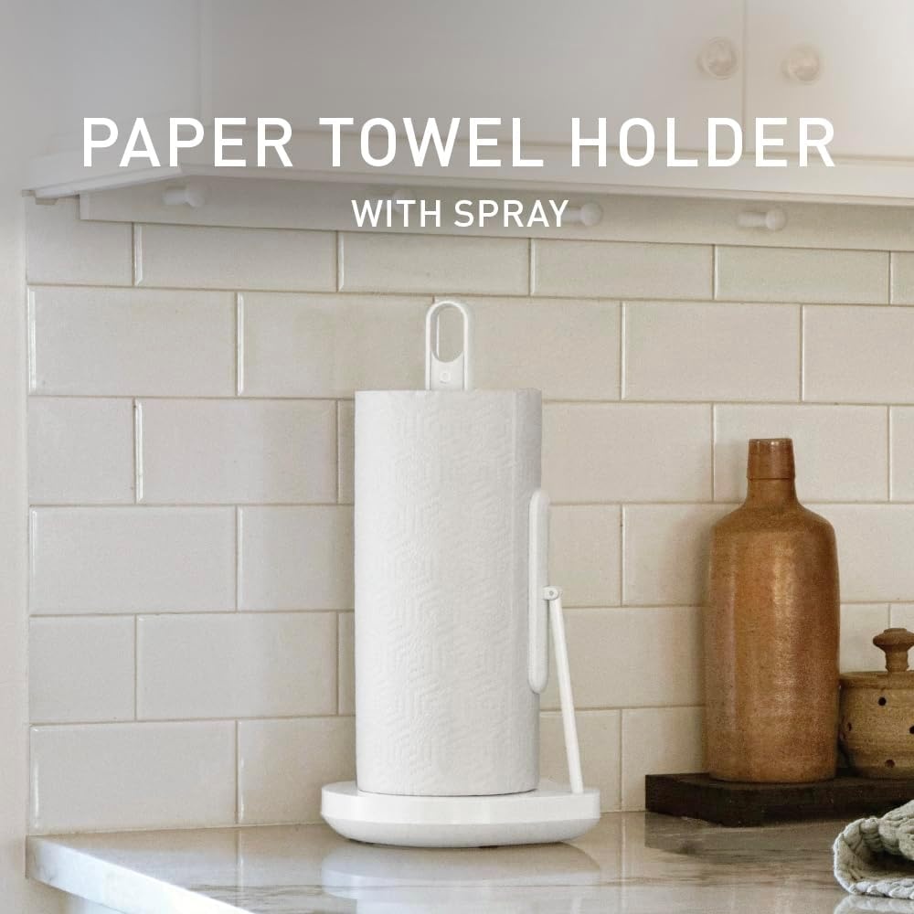 image:imagesimplehuman Paper Towel Holder with Spray AllinOne Countertop Paper Towel and Cleaner Dispenser 6 oz Refillable Pump OneHanded Tear Weighted Base BrassWhite Stainless Steel