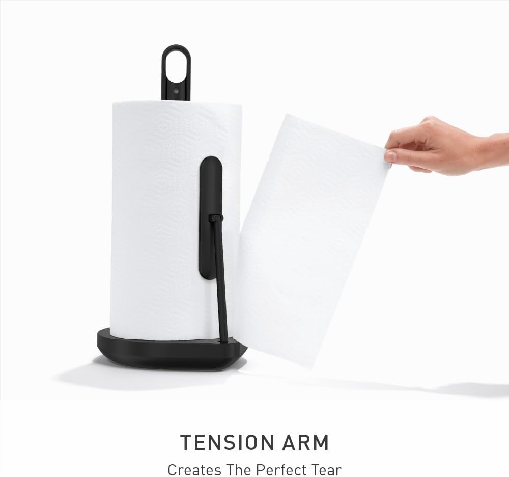 image:imagesimplehuman Paper Towel Holder with Spray AllinOne Countertop Paper Towel and Cleaner Dispenser 6 oz Refillable Pump OneHanded Tear Weighted Base BrassBlack Stainless Steel