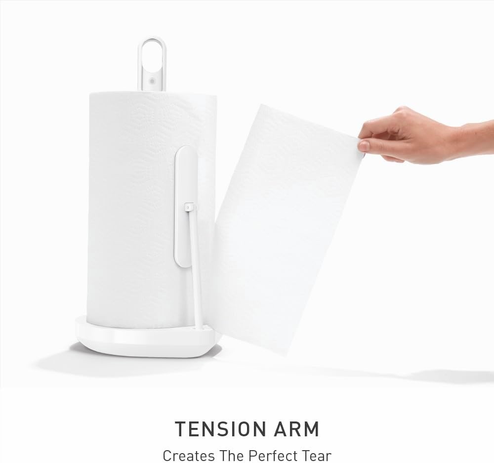 image:imagesimplehuman Paper Towel Holder with Spray AllinOne Countertop Paper Towel and Cleaner Dispenser 6 oz Refillable Pump OneHanded Tear Weighted Base BrassWhite Stainless Steel