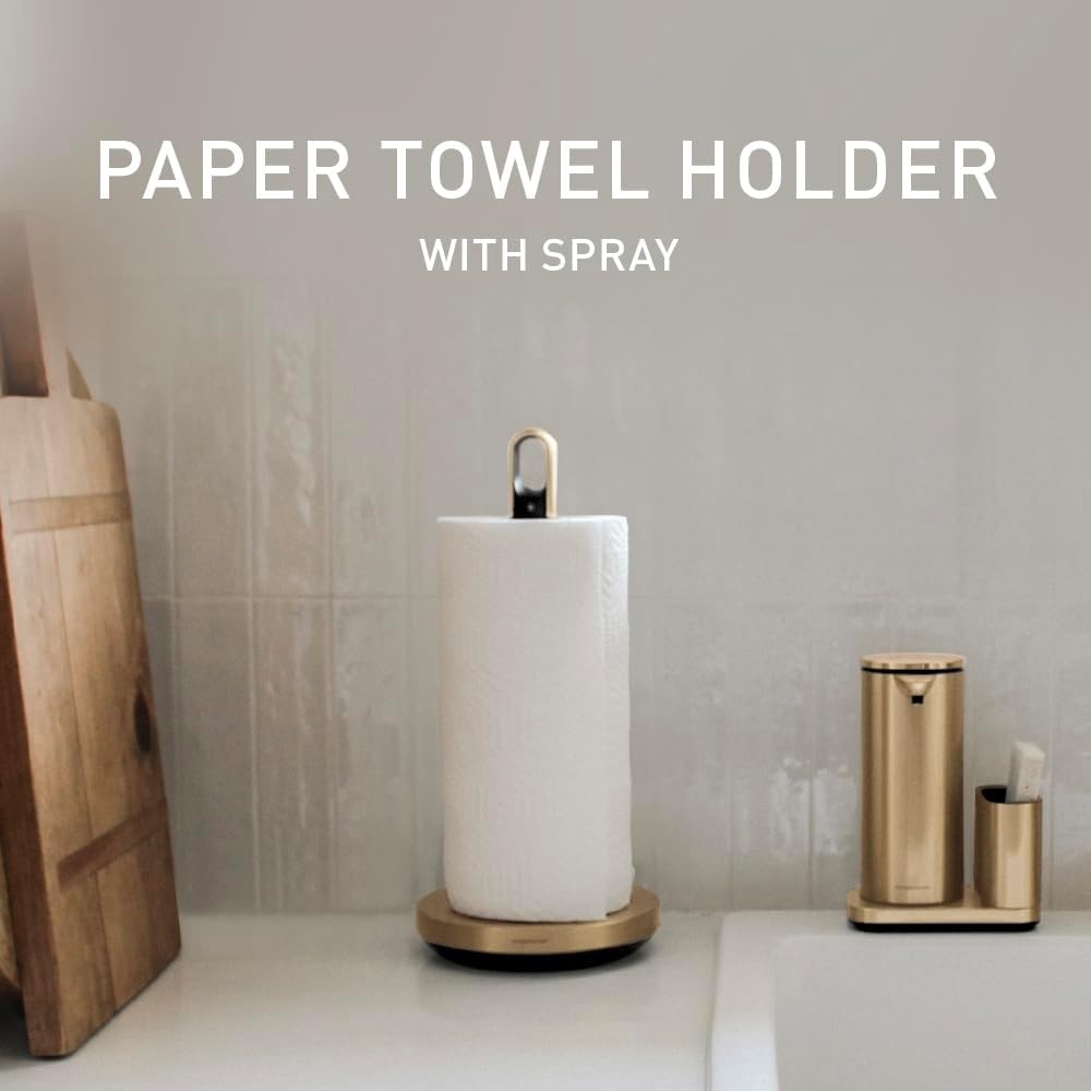 image:imagesimplehuman Paper Towel Holder with Spray AllinOne Countertop Paper Towel and Cleaner Dispenser 6 oz Refillable Pump OneHanded Tear Weighted Base BrassBrass Stainless Steel