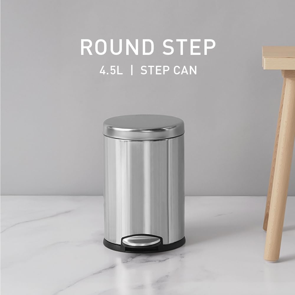 image:imagesimplehuman Round Step Can 45L 12 Gallon Compact Bathroom Trash Can 150000Step Pedal Lid Shox Silent Close Removable Inner Bucket Brushed Stainless SteelBrushed