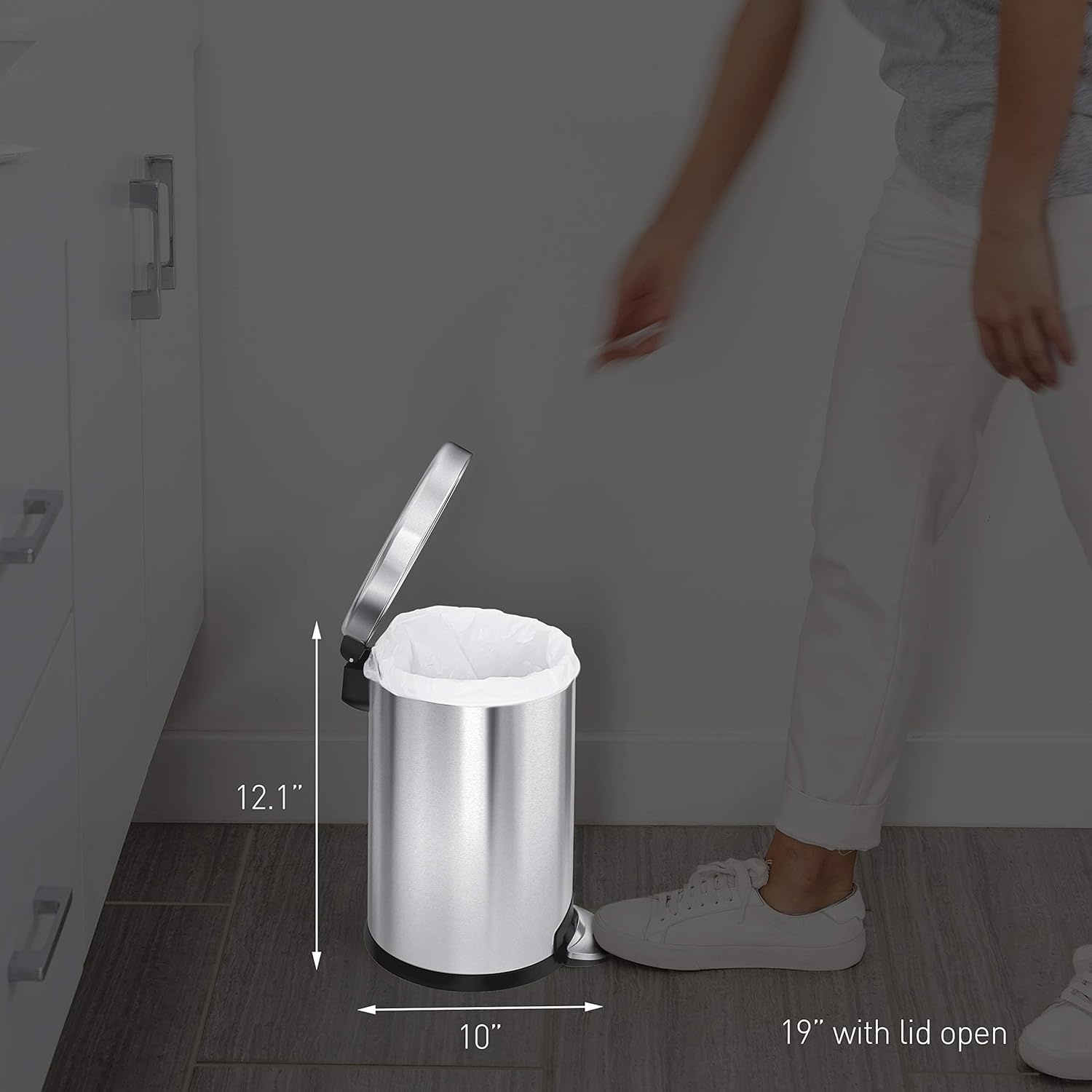 image:imagesimplehuman Round Step Can 45L 12 Gallon Compact Bathroom Trash Can 150000Step Pedal Lid Shox Silent Close Removable Inner Bucket Brushed Stainless SteelWhite
