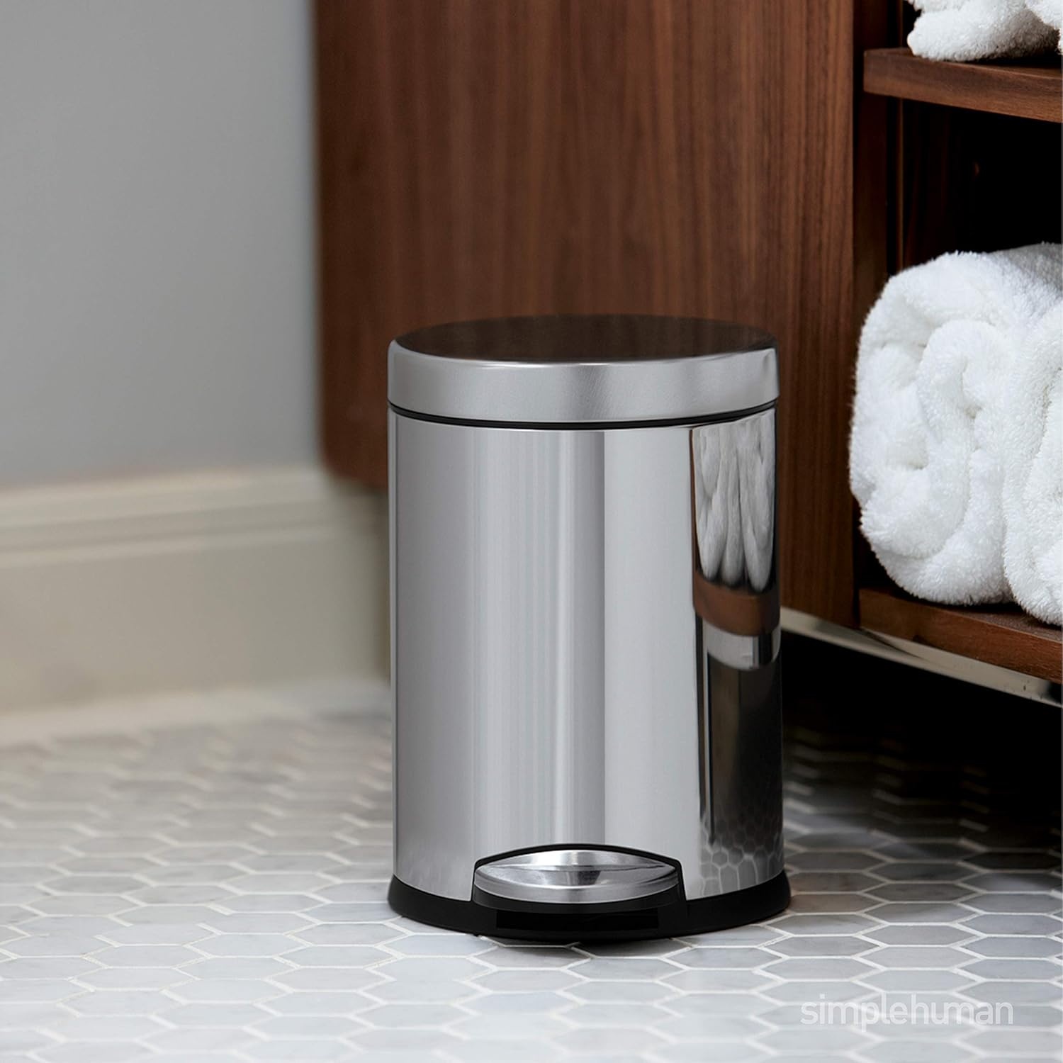 image:imagesimplehuman Round Step Can 45L 12 Gallon Compact Bathroom Trash Can 150000Step Pedal Lid Shox Silent Close Removable Inner Bucket Brushed Stainless SteelBrushed