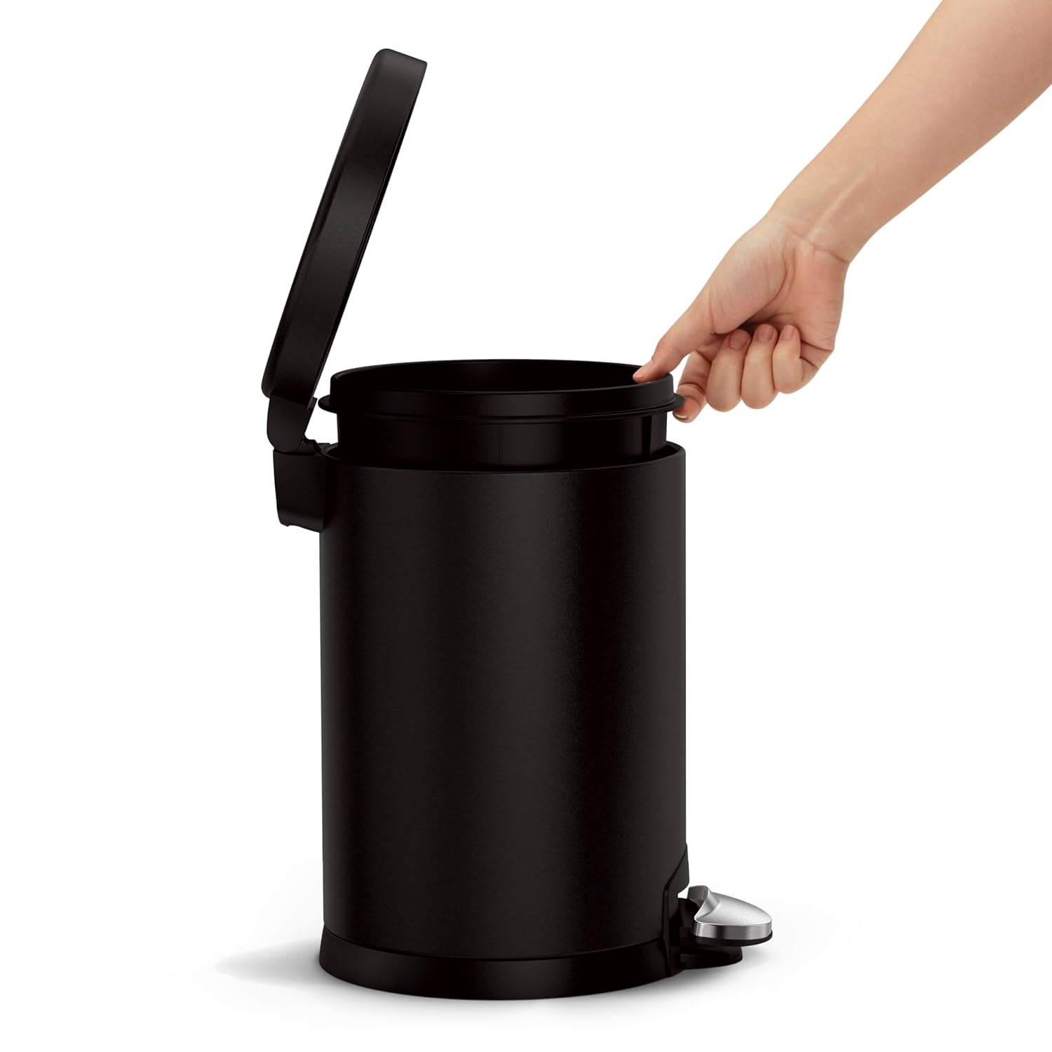 image:imagesimplehuman Round Step Can 45L 12 Gallon Compact Bathroom Trash Can 150000Step Pedal Lid Shox Silent Close Removable Inner Bucket Brushed Stainless SteelMatte Black