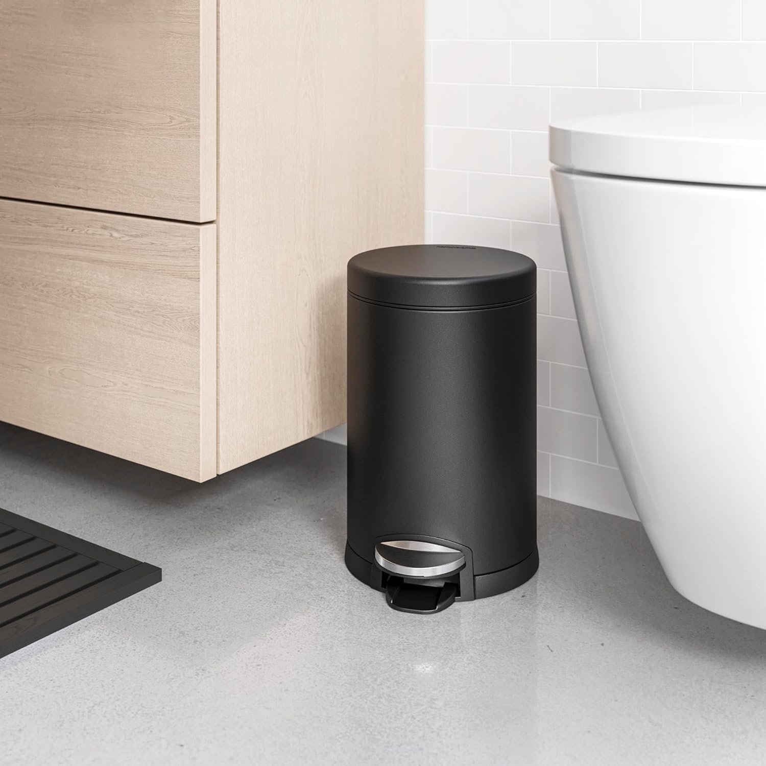 image:imagesimplehuman Round Step Can 45L 12 Gallon Compact Bathroom Trash Can 150000Step Pedal Lid Shox Silent Close Removable Inner Bucket Brushed Stainless SteelMatte Black
