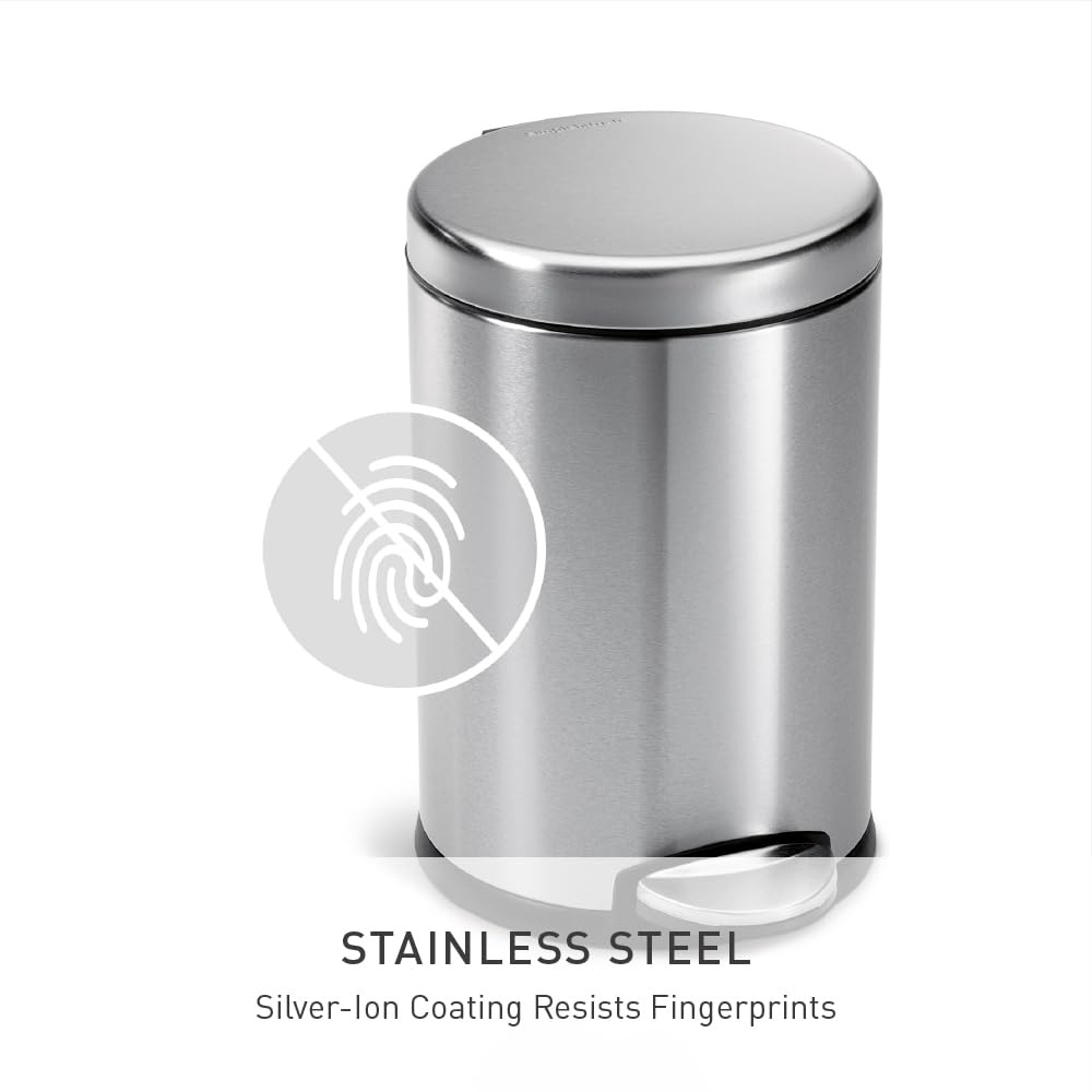 image:imagesimplehuman Round Step Can 45L 12 Gallon Compact Bathroom Trash Can 150000Step Pedal Lid Shox Silent Close Removable Inner Bucket Brushed Stainless SteelBrushed