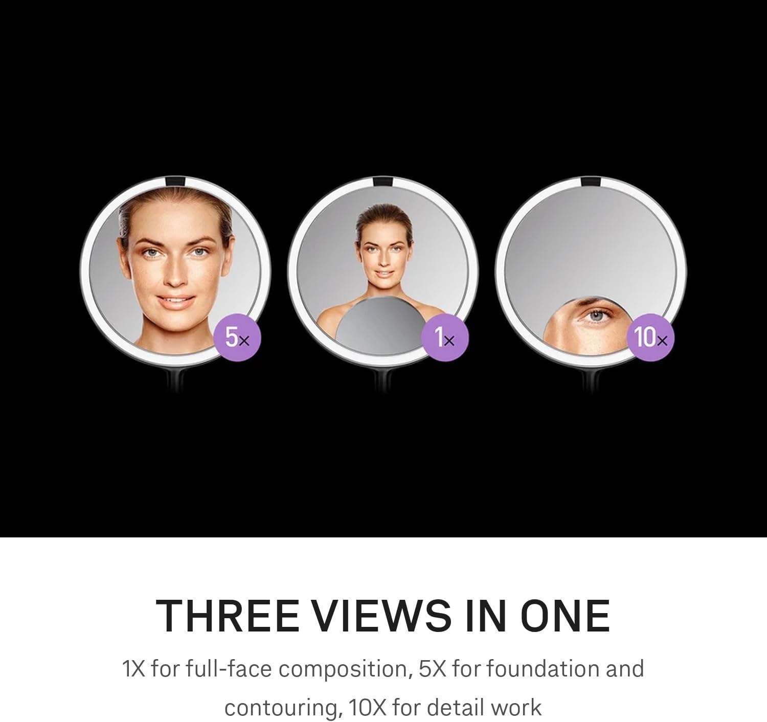 image:imagesimplehuman Sensor Mirror Trio 1X 5X 10X Magnification Round Rechargeable Beauty Makeup Mirror TruLux FullSpectrum Light Dual Light Settings Adjustable Brightness Brushed Stainless SteelBrass