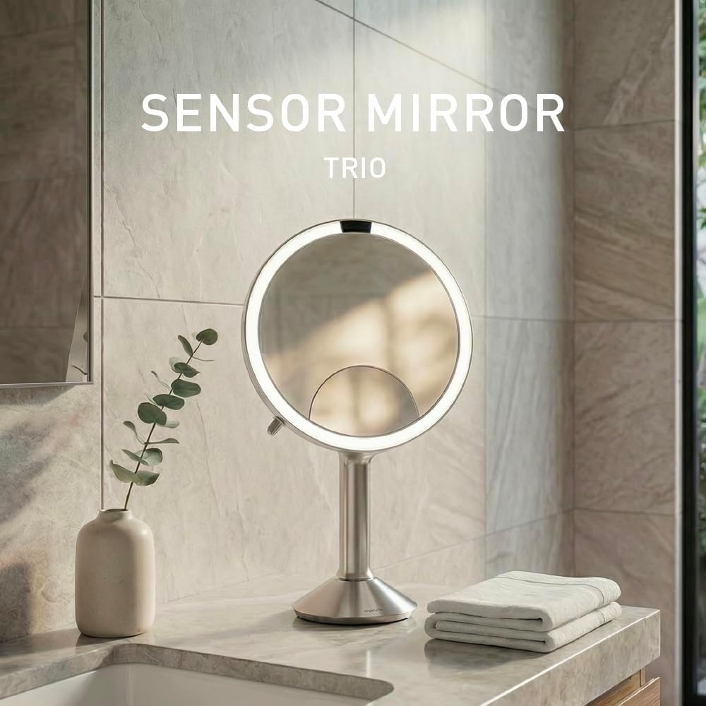 image:imagesimplehuman Sensor Mirror Trio 1X 5X 10X Magnification Round Rechargeable Beauty Makeup Mirror TruLux FullSpectrum Light Dual Light Settings Adjustable Brightness Brushed Stainless SteelBrushed