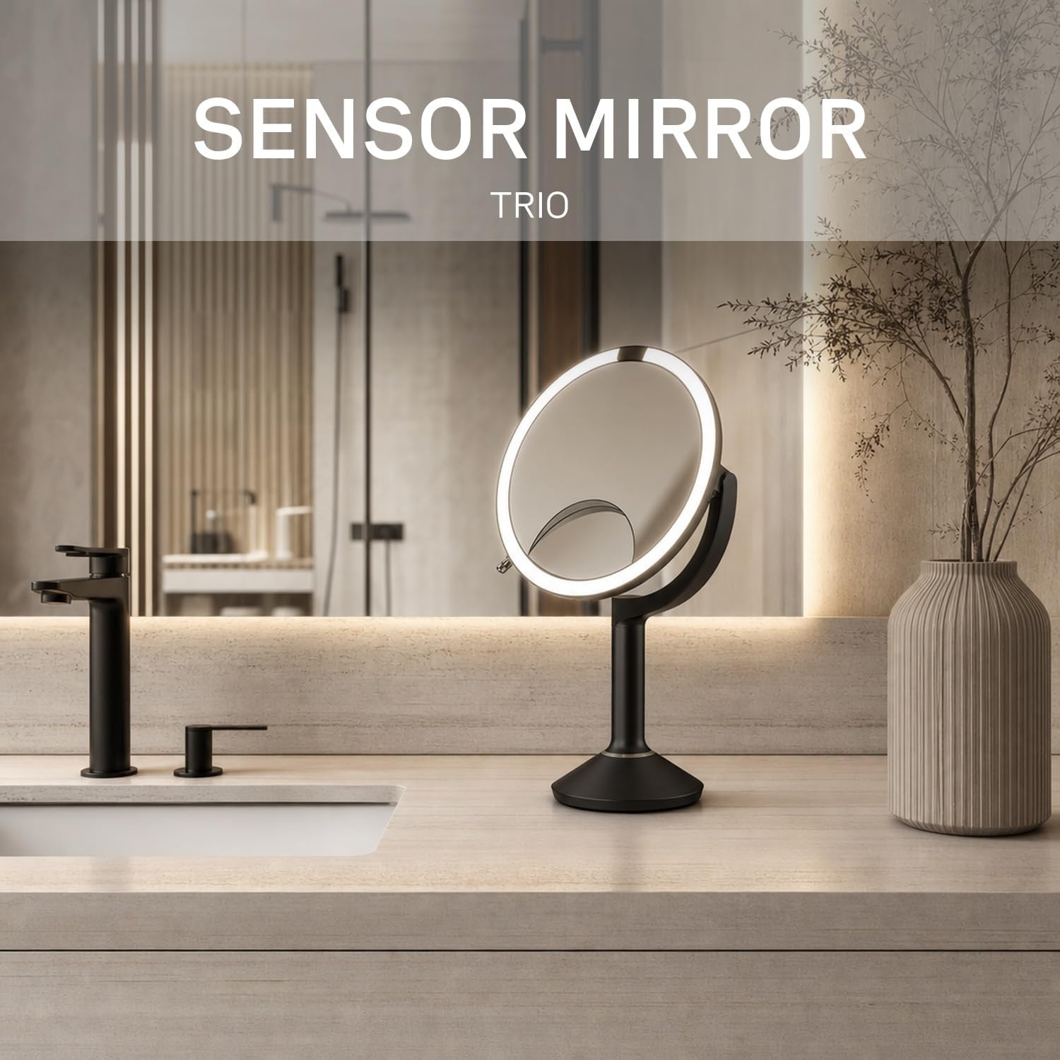 image:imagesimplehuman Sensor Mirror Trio 1X 5X 10X Magnification Round Rechargeable Beauty Makeup Mirror TruLux FullSpectrum Light Dual Light Settings Adjustable Brightness Brushed Stainless SteelMatte Black
