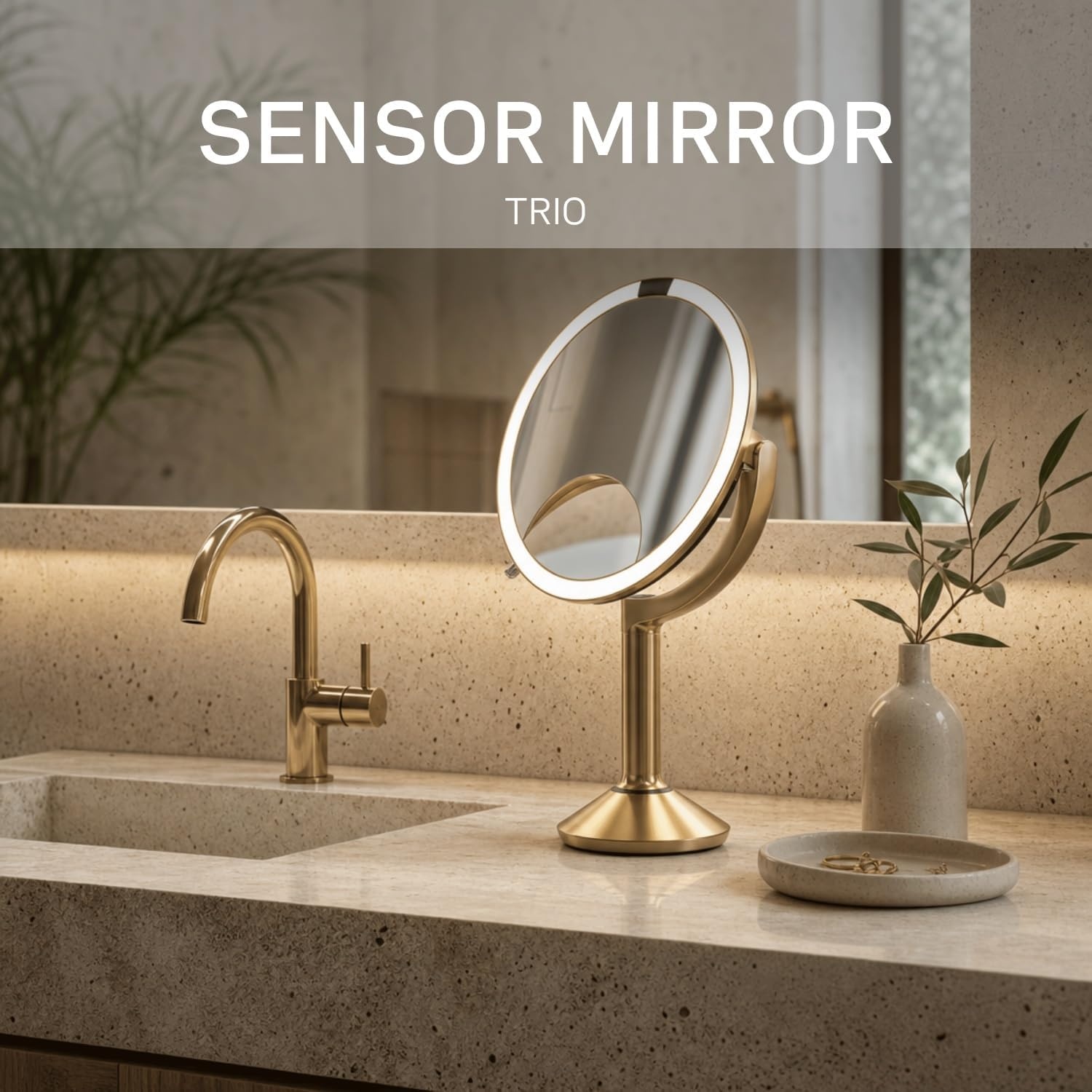 image:imagesimplehuman Sensor Mirror Trio 1X 5X 10X Magnification Round Rechargeable Beauty Makeup Mirror TruLux FullSpectrum Light Dual Light Settings Adjustable Brightness Brushed Stainless SteelBrass